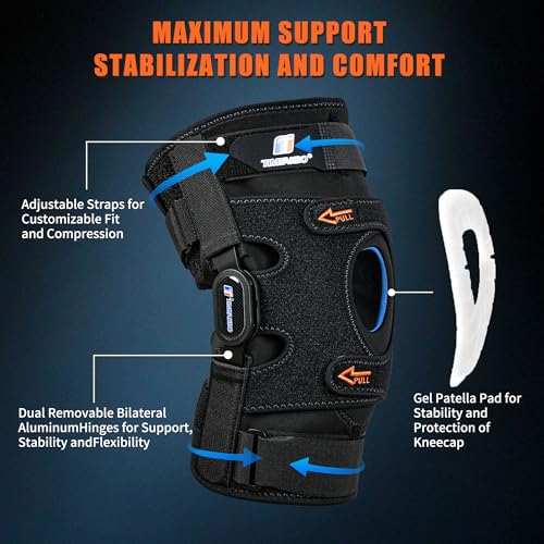Knee Brace for Men/Women, Hinged Knee Brace with Metal Side Stabilizers, Knee Support with Patella Gel Pad and X-Strap Fixing, Knee Braces for Knee Pain Relief, Meniscus Tear, Arthritis, ACL, PCL, MCL