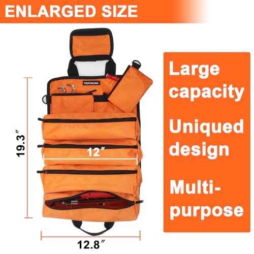 Tool Bag Roll Up 4 Large Zipper pockets 2 detachable pockets for Hand Tools and Small Hardware Organizer Orange Roll Up Tool Bag for Car 13 in