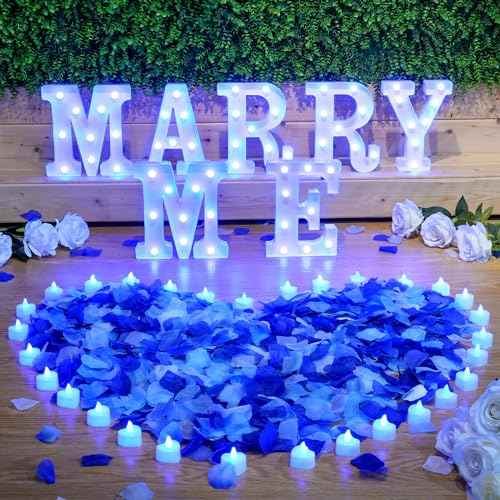 Hortsun Marry Me Light up Letters Proposal Decorations Will You Marry Me Sign Rose Petals 24 LED Candles Romantic Night Light for Proposal Engagement Wedding Outdoor(Blue)