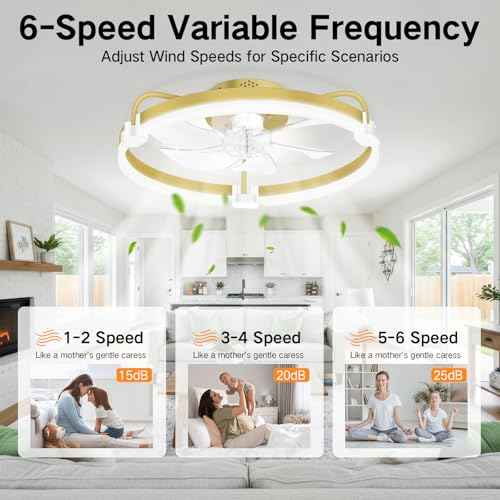 OUTON 20" Ceiling Fan with Light, Remote & App Control, Fandelier Low Profile Flush Mount Ceiling Fan with 3000K-6500K Stepless Dimmable, 6 Speed, Quiet DC Motor, Small Modern Ceiling Fans for Bedroom