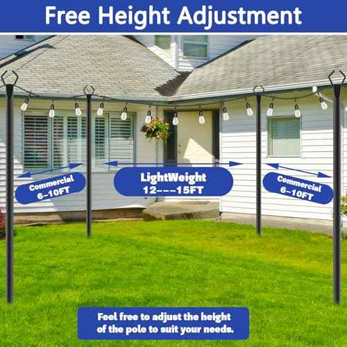 4 Pack 10 ft Heavy Duty Metal String Light Poles Adjustable Outdoor Lighting Stand for Patio,Backyard,Garden,Party & Wedding Rustproof & Sturdy with Hooks