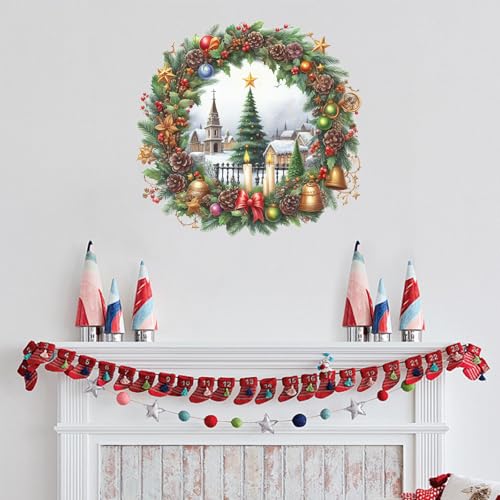 Christmas Wreath Wall Decal ? Classic Holiday Candle & Church Scene Sticker with Bells, Pinecones & Ornaments, Removable Vinyl Winter Wall Decor for Living Room, Window, Fireplace & Door Decoration