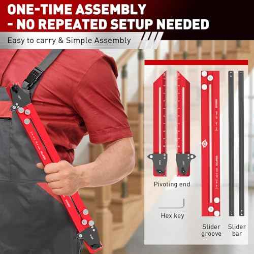 Stair Tread Template Tool, One-Piece Design Stair Measuring Tool, Adjustable Length from 22.5" to 62", Precision Stair Tread Jig Gauge with 14" Scale Pivoting End and Stop Pins