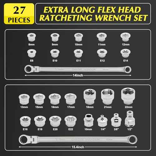 EMENTOL 27PCS Extra Long Flex Head Ratcheting Wrench Set, CR-V, Double Box End Ratchet Wrench Set with 8mm - 22mm, E8 - E22, 1/4", 3/8", 1/2" Socket Adapters Replacement Heads