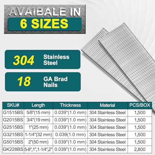 18 Gauge Brad Nails 304 Stainless Steel 18 GA Nail Gun Nails Assorted and Small Finishing Nails for Pneumatic, Electric Brad Nailer (Assorted Sizes)