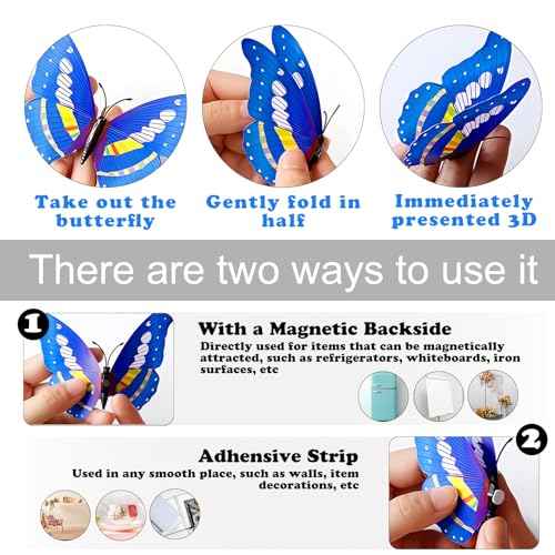 24PCS Butterfly Wall Decor, 3D Butterfly Decorations Wall Art Wall Decals with Magnets & 60PCS Adhesive Tapes 5 Styles Butterfly for Party Refrigerator Window Garden (Magnet Blue+Purple)