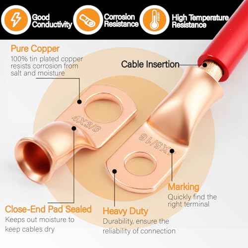 240Pcs Battery Cable Terminals Crimp Connector AWG8 4 6 2 1 1/0 2/0 4/0 Gauge 1/4 5/16 3/8 1/2 inch Copper Ring Lugs Wire Ends Assortment with 3:1 Heat Shrink Tube kit in Two-Side Box