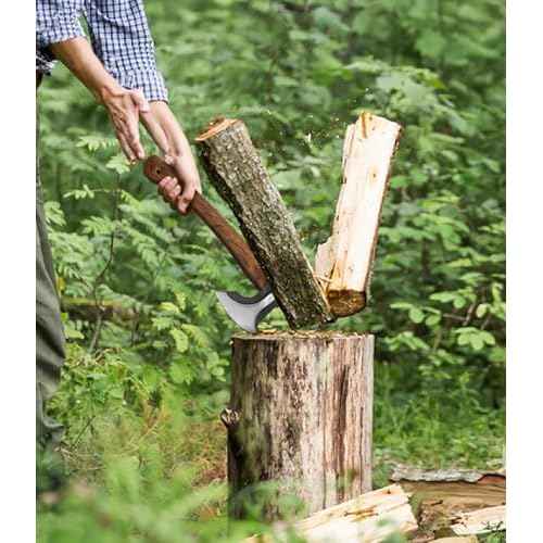 Camping Hatchet, 14.2-inch Splitting Axe with Leather Sheath, Chopping Axe 1065 High Manganese Steel and Hickory Handle