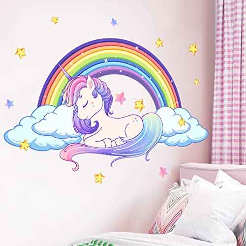 Unicorn Wall Decals Art Rainbow Peel and Stick Stickers - Waterproof With Star Cloud for Girls Kids Bedroom Nursery Playroom Decor