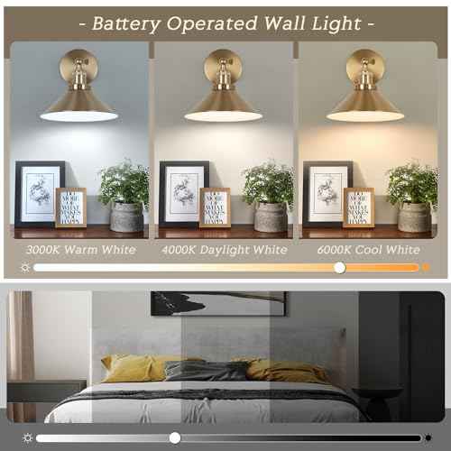 Battery Operated Wall Sconce Set of Two, Brushed Brass Battery Powered Wall Lighting Indoor, Cordless Metal Indoor Wall Lamp, Dimmable with Remote, Suitable for Living Room Bedroom Hallway