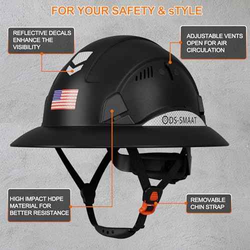 Full Brim Hard Hat - ANSI Z89.1 Type 1 & OSHA Certified Safety Helmet with Visor for Construction, Lightweight HDPE Shell with 6-Point Suspension & Reflective Strips (Black)