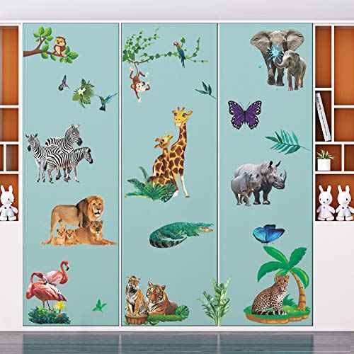 Lifelike Jungle Animal Wall Decals Safari Wild Animal Wall Stickers Removable Lion Tiger Elephant Animal Wall Decor for Boys Girls Bedroom Kids Nursery Classroom Daycare Playroom MG1011