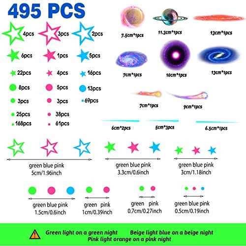 Spakon 495 Pcs Glow in The Dark Moons and Stars Wall Decals for Ceiling,Glowing Planets Wall Stickers Removable Galaxy Solar System Space Decal Nursery Stickers for Kids Bedroom Living Room Decor