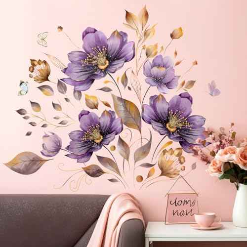 AM AMAONM Creative Removable Flowers Wall Decal DIY Floral with Plant Vine Wall Stickers 3D Peel and Stick Butterfly Wall Decor for Kids Little Girls Teens Bedroom Nursery Living Room Home (Purple)