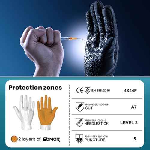 TAILI Level 3 Needle, Level 5 Puncture Resistant Men Work Gloves, Grip Enhanced A7 Cut Resistant Safety Gloves, Touchscreen and Breathable, Black, Large (L), 1 Pair