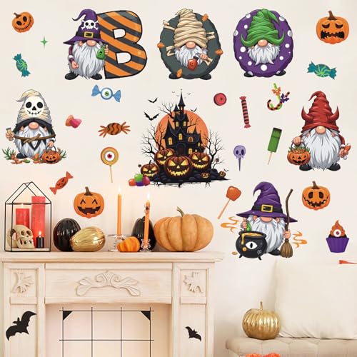 Halloween Gnome Window Clings,Cute Gnome Window Sticker,Pumpkin Bat Wall Decals,Haunted House Spooky Wall Sticker,Halloween Candy Witch Boo Ghost Decals,Pumpkin Cling for Glass Home Party Room