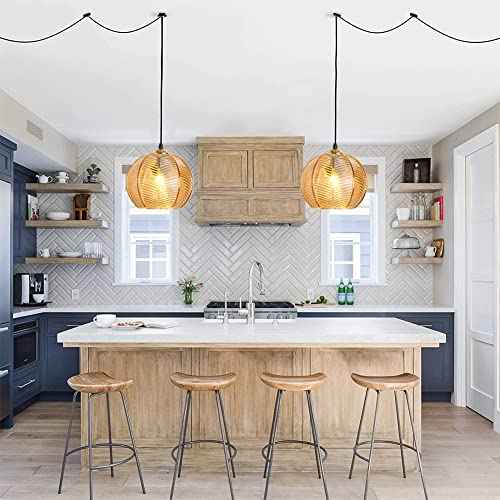 Plug in Glass Pendant Light Mid-Century Modern Striped Amber Glass Hanging Ceiling Lighting Fixture with 14.7FT Cord, Globe Decor Chandelier For Living Room, Bedroom, Dining Hall, Kitchen (Amber)