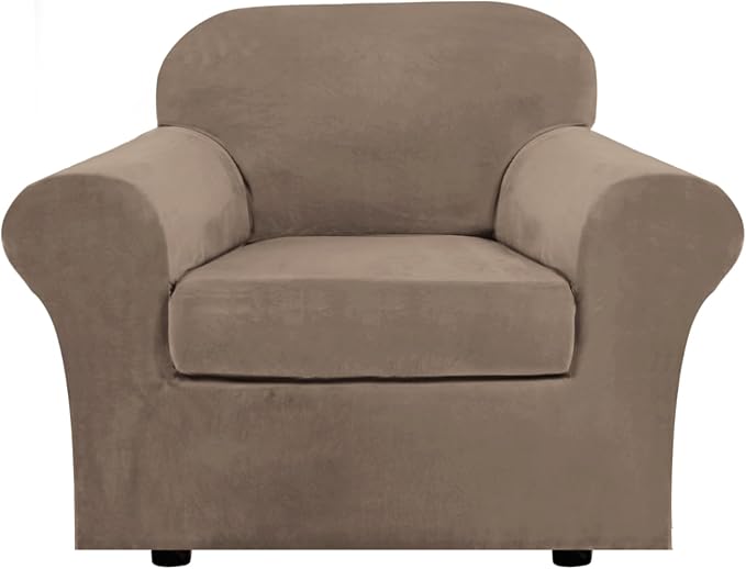 H.VERSAILTEX Rich Velvet Stretch 2 Piece Cover Chair Slipcover Sofa Cover Furniture Protector Couch Soft with Elastic Bottom Chair Couch Cover Width Up to 49 Inch (Chair, Mocha)