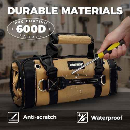 COMOWARE Roll Up Tool Bag, 600D Oxford PVC Coated Tool Organizer with 11 Pouches, 5 Exterior Wrench Pockets & Adjustable 51.2" Shoulder Strap for Mechanics, Plumbers, Camping, Motorcycle