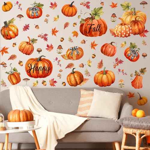 Eersida 6 Sheets 89 Pcs Thanksgiving Wall Decals Fall Oil Painting Pumpkin Wall Decals Maple Leaves Stickers for Thanksgiving Glass Autumn Home Decor and Fall Decoration Kitchen Living Room