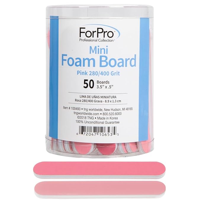 ForPro Professional Collection Mini Foam Board, Double-Sided Nail File, 280/400 Grit, 3.5” L x .5” W, Pink, 50-Count