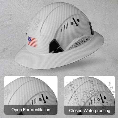 Structure Full Brim Hard Hat with Glasses and Cooling Towel Adjustable Ventilation Reflective Helmet ANSI Z89.1 Type OSHA Approved 6 Point Hanging Helmet for Industrial