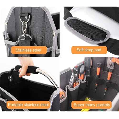 16 Inch Electrician Tool Bag, Open Top Tool Bag, Open Top Tool Bags, 26 Pockets Organizer with Steel Handle and Removable Shoulder Strap