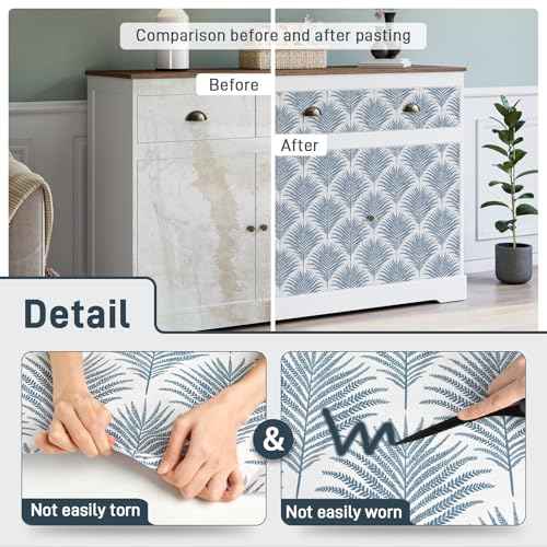 Rugreat Blue/White Wallpaper Peel and Stick Modern Palm Leaf Contact Paper for Cabinets Self Adhesive Removable Wallpaper for Bedroom Boho Geometric Contact Paper Bathroom Waterproof 17.3inW 78.7inL