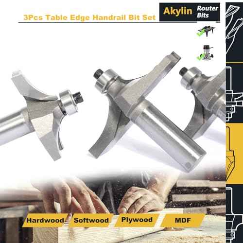 3Pcs Table Edge and Handrail Router Bit,1/2 Inch Shank, Cutting Depth 3/4",7/8",1" Thumbnail Edge Cutters, Carbide Tipped 2 Flute, for Table Wood Profiling,Molding,Edging