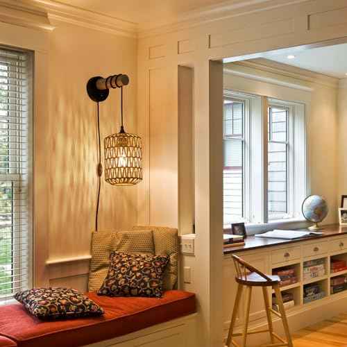 Rattan Plug in Wall Sconce Bedroom Sconces Set of 2 Boho Dimmable Wall Lamp with Plug in Cord Hanging Wall Lights for Living Room