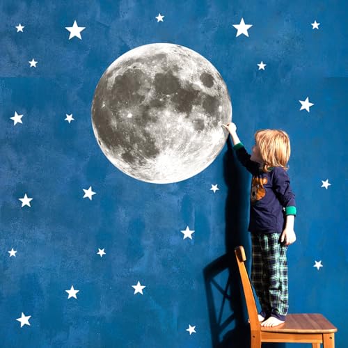 Full Moon Wall Decor Silver Star Wall Decals Peel and Stick Vinyl Space Wall Stickers & Murals Removable Boy Nursery Decor for Kids Girls Bedroom Playroom Living Room Classroom Kindergarten