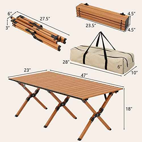 COSTWAY Folding Picnic Table, Roll-Up Aluminum Camping Table with Wood Grain, Portable Low Height Beach Table with Carry Bag for Camping, Picnic, BBQ & Hiking, Easy Assembly, Natural (47¡± x 23¡± x 18¡±)