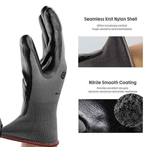 ANDANDA 12 Pairs Work Gloves, Smart Touch, 3D Comfort Stretch Fit, Nitrile Coated, Men Work Gloves with Grip, Seamless Knit Nylon, Suitable for Warehousing, Logistics, Handling, Black£¨L£©