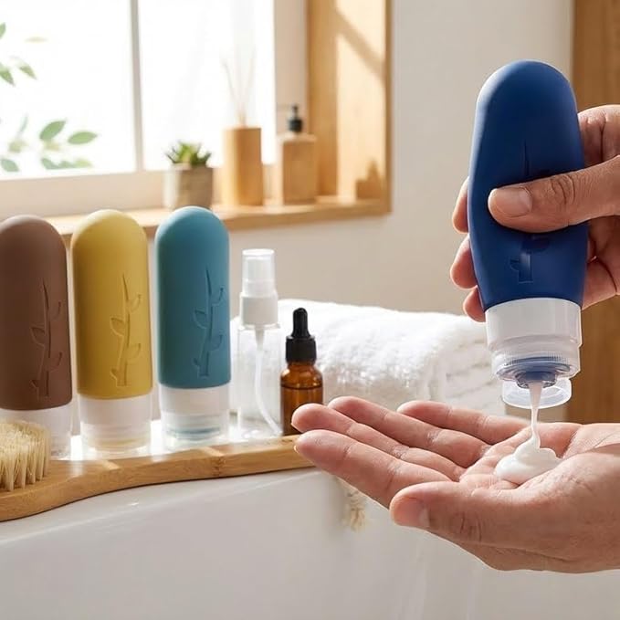 Travel Bottles Kit (16 Pack) - TSA Approved, Leak Proof Silicone Squeezable Containers for Toiletries. Complete Set with Jars, Sprayers & Bag (Dark blue)