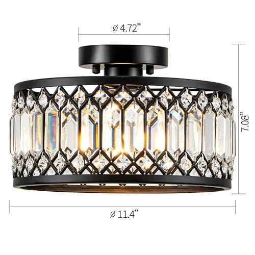 Crystal Black Ceiling Light, Modern Semi Flush Mount Ceiling Light Fixture, Round Small Chandelier for Hallway Entryway Bathroom Bedroom Laundry Room, 1-Light, 11.4 Inch