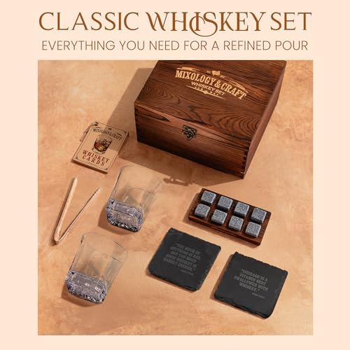 Mixology & Craft Whiskey Stones Gift Set – Includes Two 10oz Crystal Whiskey Glasses, 8 Granite Chilling Rocks, Slate Coasters, Metal Tongs, Cocktail Recipe Cards, Elegant Wooden Storage Box