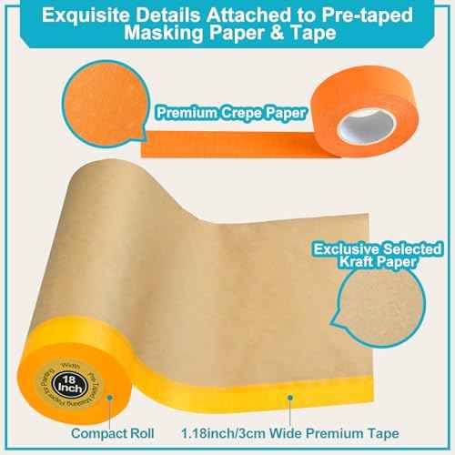 Pre-Taped Masking Paper for Painting, 2 Pack 18 inch x 66 feet Painters Paper Roll and 1 inch x 66 feet Masking Tape, Tape and Drape Paint Masking Paper for Painting Cars Auto Body Wall Floor