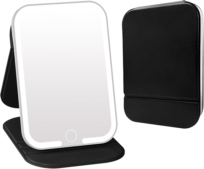 Rechargeable Travel Mirror with Light, LED Makeup Mirror with Lights, Portable Vanity Mirror with 3 Color Lighting, Touch Dimmable Lighted Cosmetic Mirror, Travel Essentials (Black)