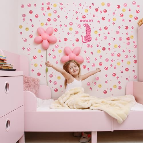 Kisston 9 Sheets Preppy Pink Wall Decal Hot Aesthetic Howdy Smile Face Lightning Vinyl Wall Decals Pink Cheetah Murals Decal for College Students Girls Dorm Bedroom Living Room Nursery Decoration