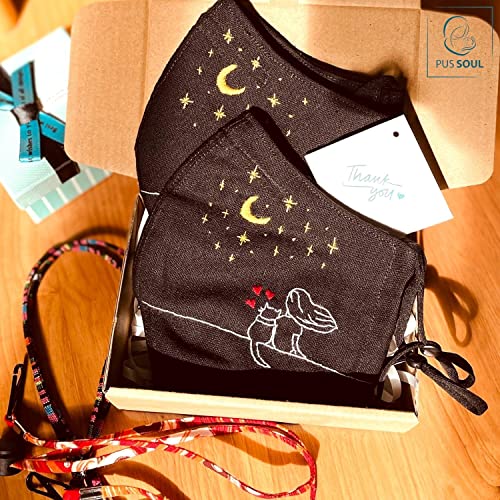 2 PCS | HANDMADE REUSABLE FACE MASK for Cat Lovers - A Black Washable Linen Cloth Face Masks Pack with Hand Embroidery Cat-loving Décor, Build-in Nose Wire & Breathable Designs – from PUSSOUL