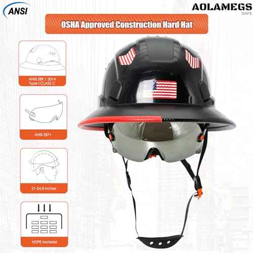 Full Brim Hard Hats Construction OSHA Approved with Clear Visor - Cascos De Construccion Vented Hard Hat with Chin Strap ANSI Z89.1 Adjustable Cool Vent Work Safety Helmet for Men Women