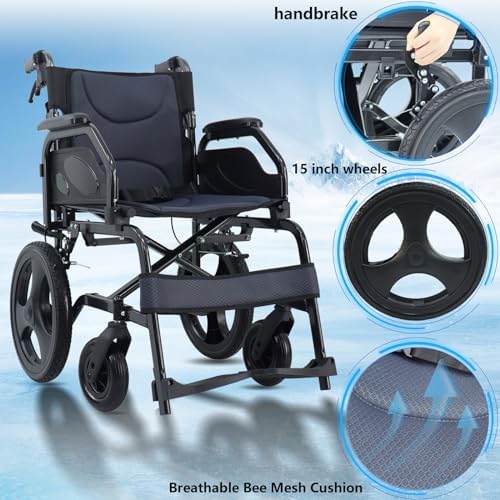 Lightweight Wheelchair Aluminum Alloy with Handbrakes, Silla de Ruedas for Adults, Durable Square Tube and Flip Up Armrest