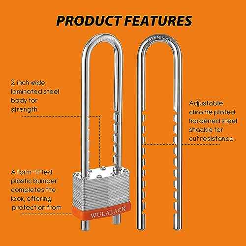 Locks with Keys, WULALACK 2 inch Wide Laminated Steel Keyed Padlock with Adjustable Shackle, Long Padlocks with Same Key,3 Pack