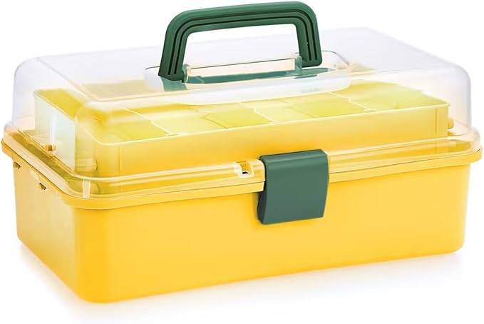 BTSKY 3-Layer Plastic Dividing Storage Box Craft Organizer with Adjustable Spacers Portable Handled Art Supply Organizer Multipurpose Home Utility Box for Sewing (Yellow+Green)