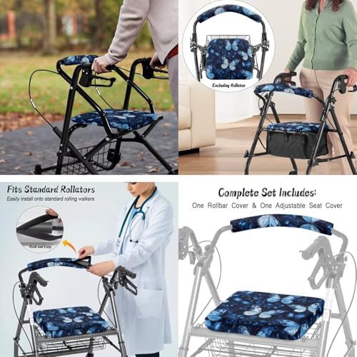 LedBack Blue Butterflies Mobility Scooter Accessories Sets for Seniors Walker Rollator Seat Cushion Back Cover Underseat Pouch Tote for Rolling Walkers