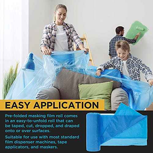 Dura-Gold 72" x 59' Pure Blue Pre-Folded Masking Film - Painters Plastic Roll (0.4 Mil) Pull Down Drop Sheet, Pre-Folded Plastic Sheeting for Painting Protection on Auto, Walls, Furniture