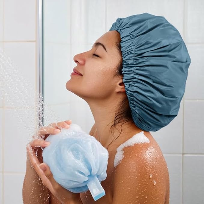 Reusable Shower Cap for Women, Large Waterproof Shower Bonnet with Elastic Band, Washable Bath Hair Cap for Long, Curly Hair, Braids, Daily Shower, Home Spa, Travel(Haze Blue)