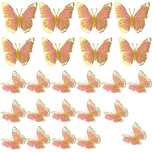 24pcs 3D Butterfly Wall Decor, 3 Sizes Hollow Butterfly Decorations Wall Stickers Removable Butterflies Art Decals for Bedroom Living Room Party Decor (Pink Gold)