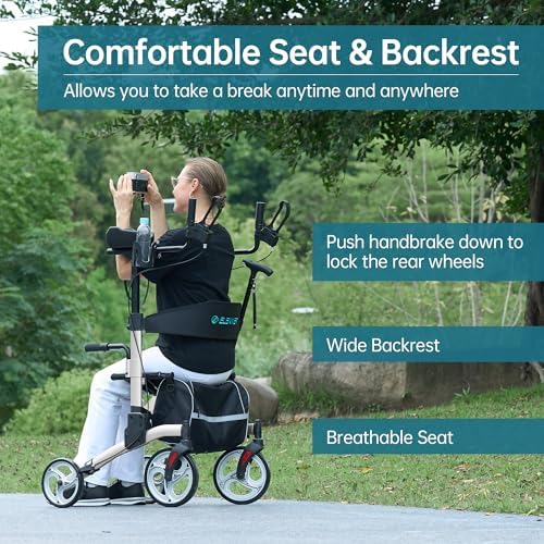 ELENKER Upright Walker, Stand Up Folding Rollator Walker with 10” Front Wheels Backrest Seat and Padded Armrests for Seniors and Adults, Silver