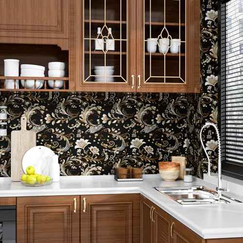Gold Leaf Wallpaper Peel and Stick Vintage Dark Floral Contact Paper Retro Flower Wall Wallpaper Waterproof Self-Adhesive Wall Covering for Bedroom Countertop Desk Cabinet 17.4" x 118"